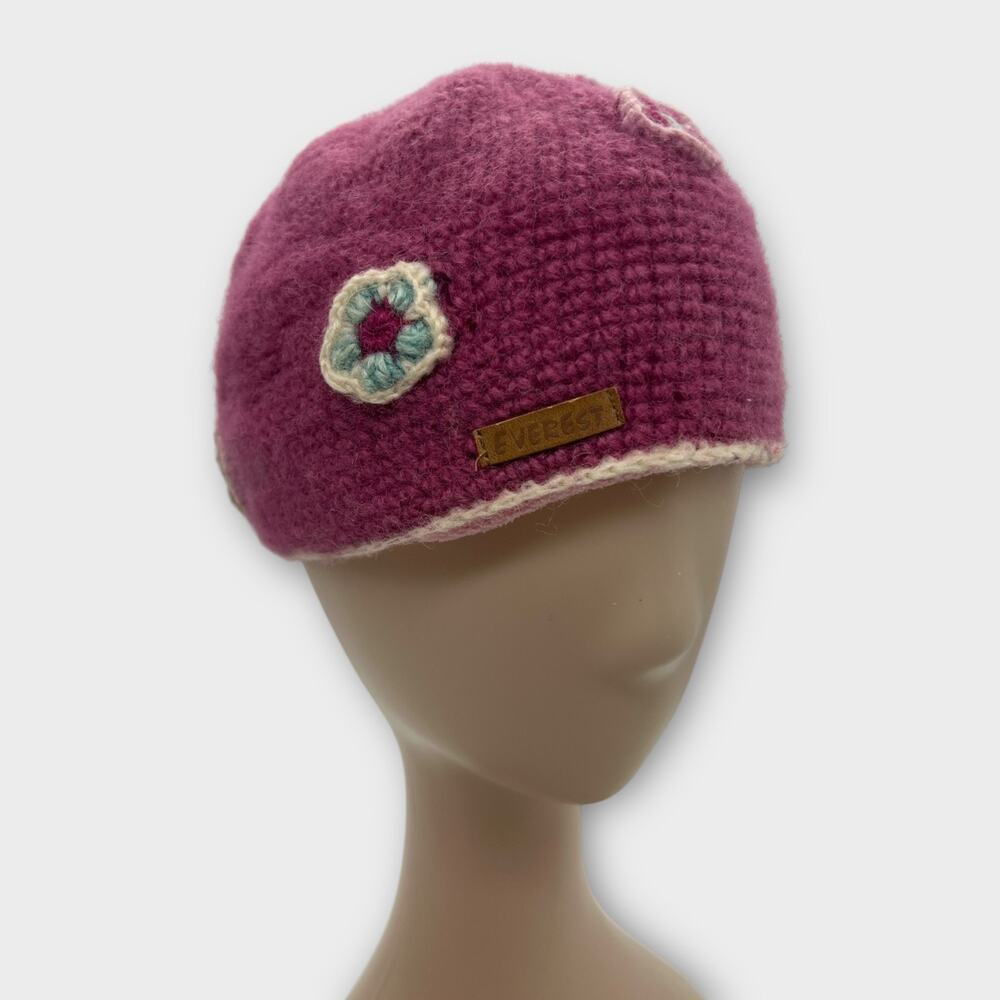 Everest Design Kids Small 6-12 mo pink floral crochet Beanie Hat Cap lined‎